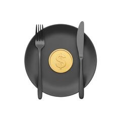 Modern black fork and knife framing a golden dollar coin, top-down flat lay. Ideal for restaurant deals, financial savings, budget meal promotions, Black Friday, Cyber Monday,