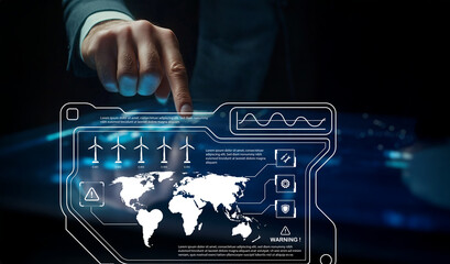 Modern Technology Interface for Renewable Energy Management Featuring Wind Turbines and Global Map Visualization