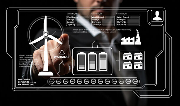 Business person interacting with futuristic interface showing wind energy data analytics and warning signal with wind turbine and battery icons