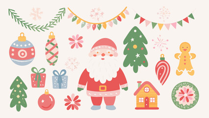 Obraz premium Festive Christmas Cheer with Whimsical Santa, Ornaments, and Decorations Ready for Holiday Magic and Joyful Celebrations, Originally a Scalable Vector Graphic