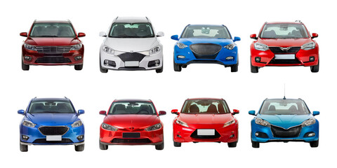 Front View of Four Modern Cars in Red, White, and Blue Colors, isolated on transparent background