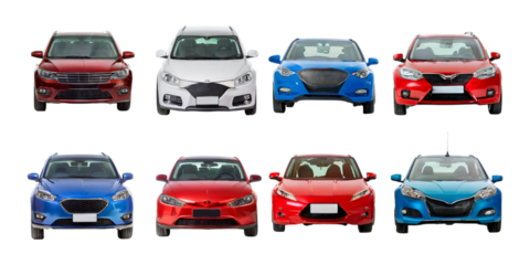 Front View of Four Modern Cars in Red, White, and Blue Colors, isolated on transparent background