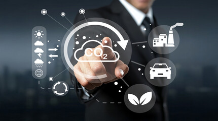Businessman in a suit interacting with digital interface displaying CO2 emissions, industrial icons, and environmental symbols highlighting climate change issues.