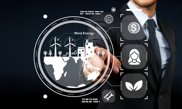 Modern businessman interacting with digital interface featuring wind energy concepts, sustainable development, and financial analytics in a futuristic setting