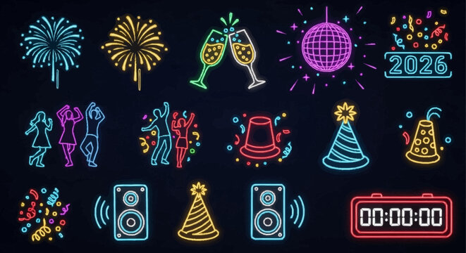 Set of glowing neon icons for a New Year's Eve 2026 celebration, featuring party elements like a disco ball, champagne, and a countdown clock - Powered by Adobe