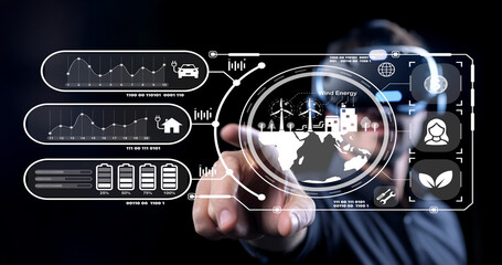 Futuristic Interface with Data Display Featuring Renewable Energy Concepts, Smart Technology, and Environmental Sustainability