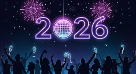 Vibrant New Year's Eve 2026 celebration with dancing silhouettes, dazzling fireworks, and a glowing disco ball; a festive atmosphere perfect for welcoming the future