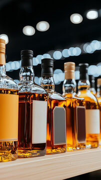 Row of whiskey bottles on wooden shelf with warm amber liquid and soft bokeh lights creating cozy mood