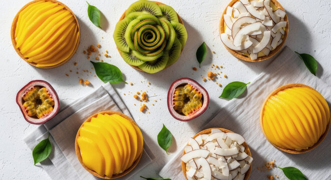 Delightful assortment of vibrant fruit tarts with mango, kiwi, and coconut, perfect for a healthy treat or dessert menu, a burst of summer flavors