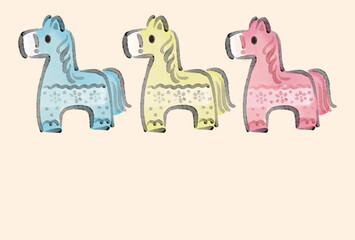 年賀2026年　干支　午年　馬の北欧風モチーフ　水彩　手描き　年賀状デザイン　イラスト素材