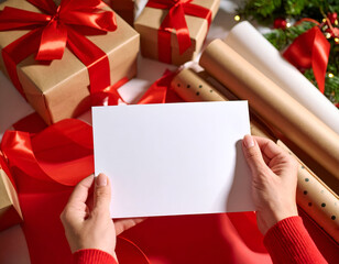 Personal point of view of hands holding a blank card over a festive workspace with Christmas presents, wrapping paper, and red ribbons