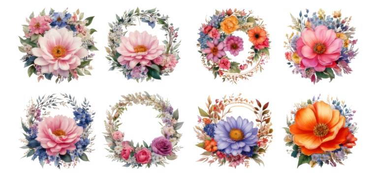 Beautiful Floral Wreath Collection with Various Colorful Flowers, Isolated on Transparent, white background