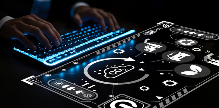 Futuristic Technology Interface Displaying CO2 Emissions Reduction Metrics with Hands on Keyboard in Dark Environment
