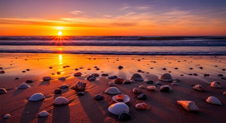 Obraz premium Beautiful sunset over the ocean with shells on the beach