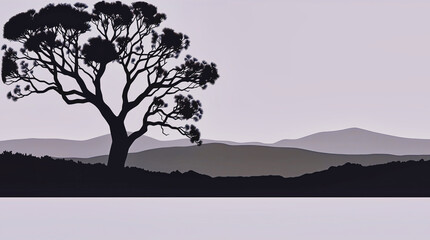 Silhouette of a lone tree with rolling hills at dusk