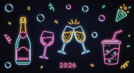 Happy New Year 2026 Celebration with Neon Toasting Glasses, Champagne Bottle, and Soda Cup