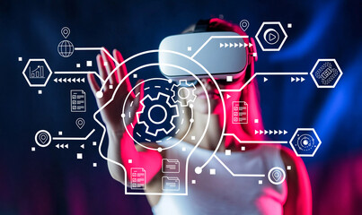 Immersive Virtual Reality Experience with Female User Interacting in Digital Environment and Futuristic Graphics Overlay