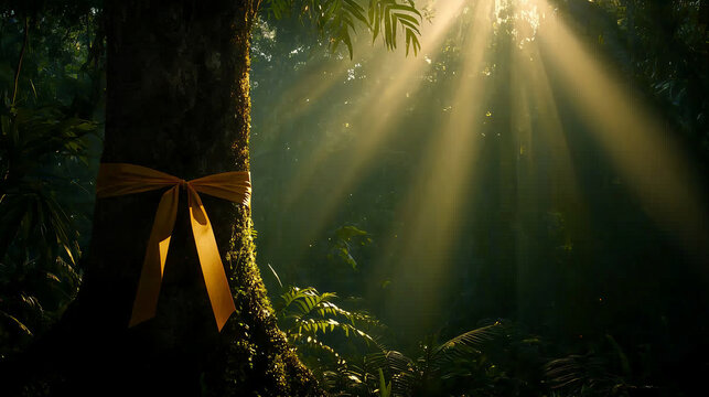 Gold ribbon tree trunk ribbon forest sunlight rays moss undergrowth peaceful morning