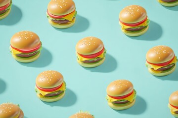 3d model Hamburger fast food pattern on pastel blue background