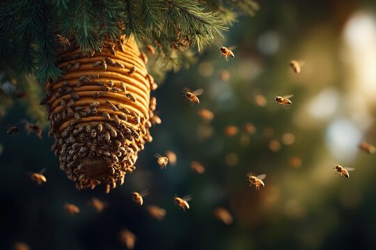 A large beehive hangs from an evergreen tree branch, covered in swarms of honeybees in detailed close-up under natural daylight, showcasing nature, wildlife, and pollination in forest habitats.