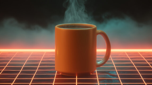 PopFuturism Coffee Mug: A vibrant, steaming cup of coffee set against a retro-futuristic grid background with neon lighting, perfect for modern design and lifestyle themes.