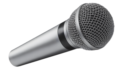 A classic silver dynamic microphone with a metallic grille head isolated on transparent background for audio recording and performance