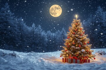 Fototapeta premium Magical Christmas Tree Under Full Moon in Snowy Winter Forest