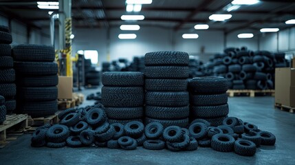 Obraz premium Stacks of tires fill a large warehouse with bright overhead lighting