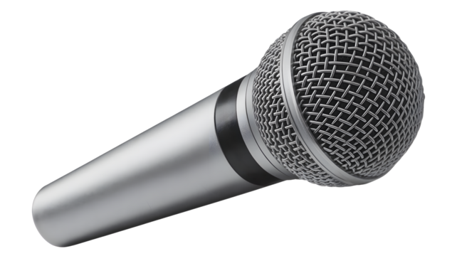 A classic silver dynamic microphone with a metallic grille head isolated on transparent background for audio recording and performance