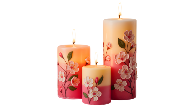Three decorative floral patterned pillar candles with lit wicks creating a warm ambiance isolated on transparent background