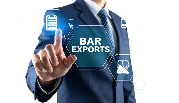 Business person in suit interacting with holographic interface for bar exports