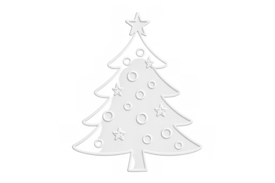 White christmas tree design presenting embossed stars and circles with a star topper on transparent background