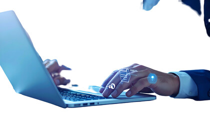 Hands typing on laptop, overlaid with digital icons, suggesting data processing