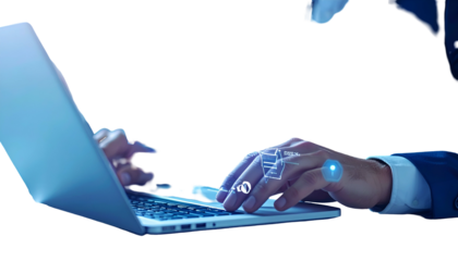 Hands typing on laptop, overlaid with digital icons, suggesting data processing
