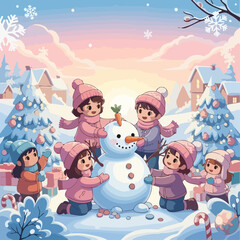Fototapeta premium Winter Wonderland A Heartwarming Scene of Children Building a Snowman Together Under a Pastel Sky