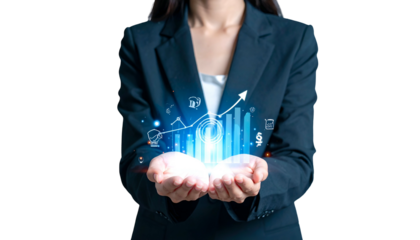 Woman in suit holds glowing holographic chart, representing business growth and financial success