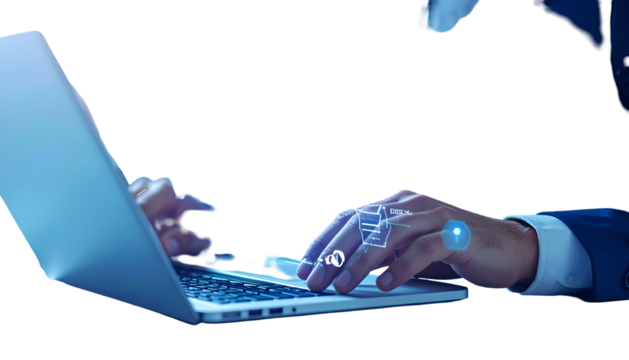 Hands typing on laptop, overlaid with digital icons, suggesting data processing - Powered by Adobe