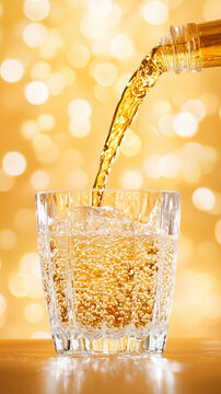 Golden sparkling beverage pour into glass with bubbles and ice, festive warm glow and bokeh lights creating celebratory mood