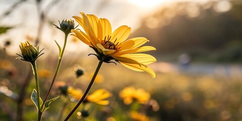 Golden yellow wildflower bathed in warm sunlight its delicate petals glowing against a soft blurred natural background during golden hour