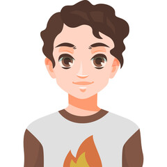 Cartoon Styled Boy with Brown Hair and Brown Eyes Wearing a Grey and Brown T-shirt with a Fire Emblem Graphic Smiling Gently Against a Transparent Background