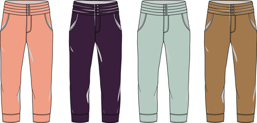 Four different colored pants displayed in a row, showcasing unique waistband designs and fabric textures