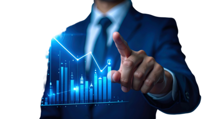A suited person interacts with a glowing financial chart, pointing towards a rising trend