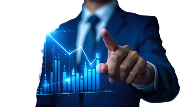 A suited person interacts with a glowing financial chart, pointing towards a rising trend