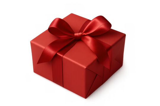 Red gift box with satin ribbon bow for celebration, birthday, christmas, or valentine's day surprise, transparent background - Powered by Adobe