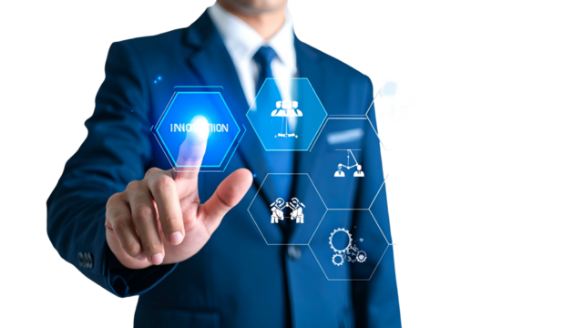 Businessman in suit points to digital innovation hexagon interface with icons