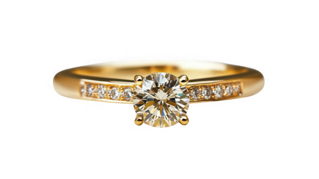 Close up shot of a gold ring with a diamond center stone and smaller diamonds along the band on black