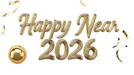 Golden happy near year lettering with the year two thousand twenty six and confetti on black background