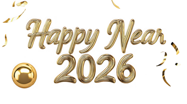 Golden happy near year lettering with the year two thousand twenty six and confetti on black background