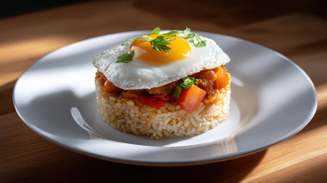Realistic Depiction of Peruvian Tacu Tacu Rice with Fried Egg and Fresh Herbs on a White Plate