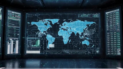 Monitor room with world map and data displays. - Powered by Adobe